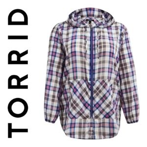 Torrid Long Line Zip Up Hooded Jacket Voile Plaid Blue